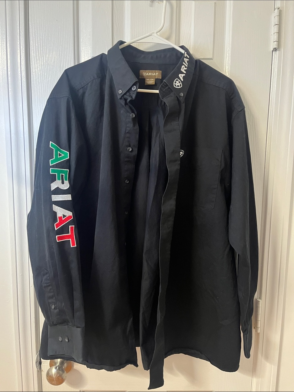 Ariat Black Button-Up Shirt with Green White Red Sleeve Logo
